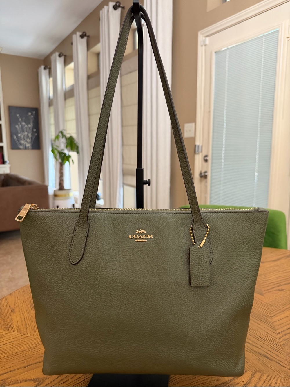 Coach Olive Green Pebbled Leather Tote with Gold Hardware